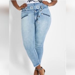 Nice Grommet Belted Skinny High Waist Jeans